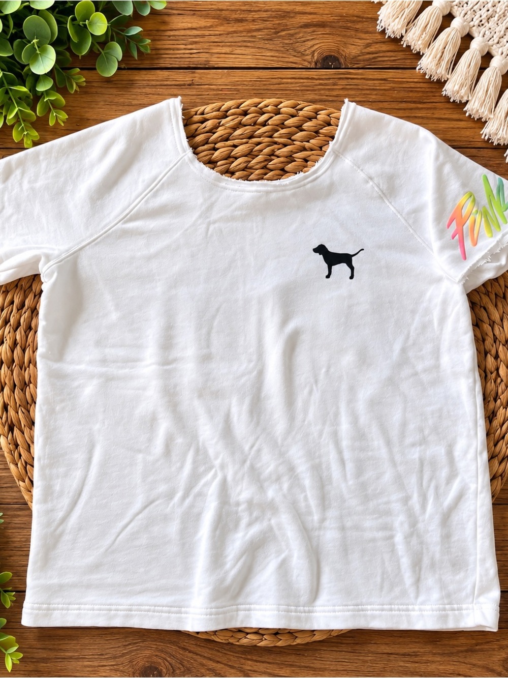 PINK Victoria's Secret White Tee with Black Dog Logo and Neon Sleeve Script 729